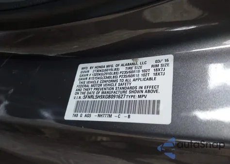 2016 Honda Odyssey Touring/Touring Elite z USA, uszkodzony, nr VIN 5FNRL5H9XGB091627